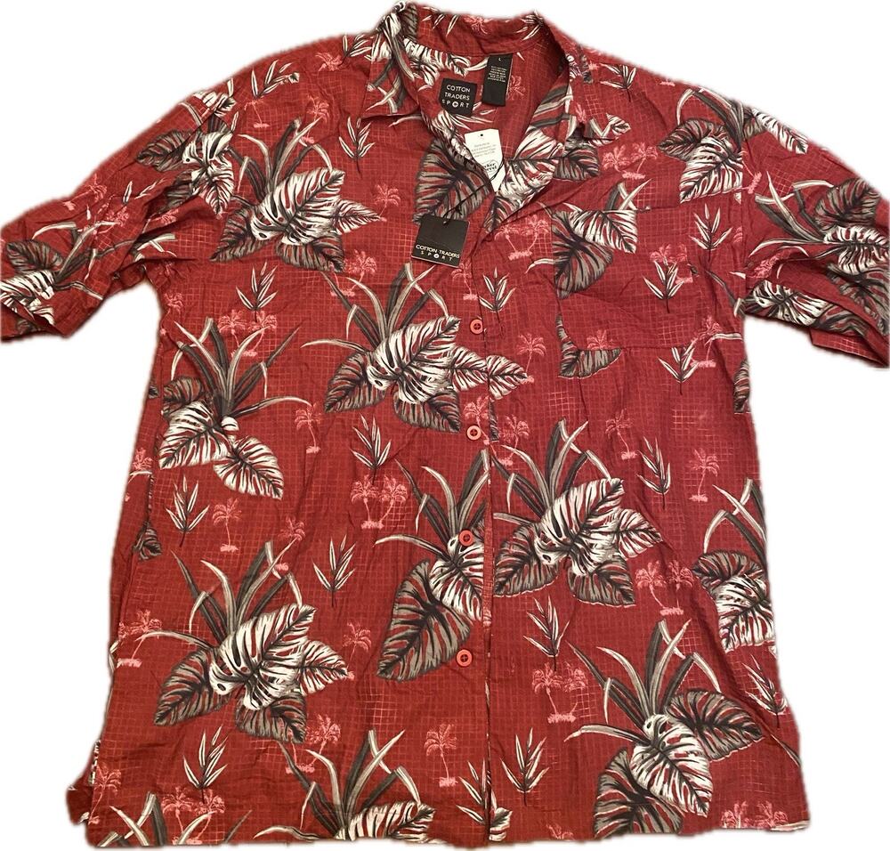 Cotton Traders Sport Mens Button Down Shirt Short Sleeve Hawaiian Large